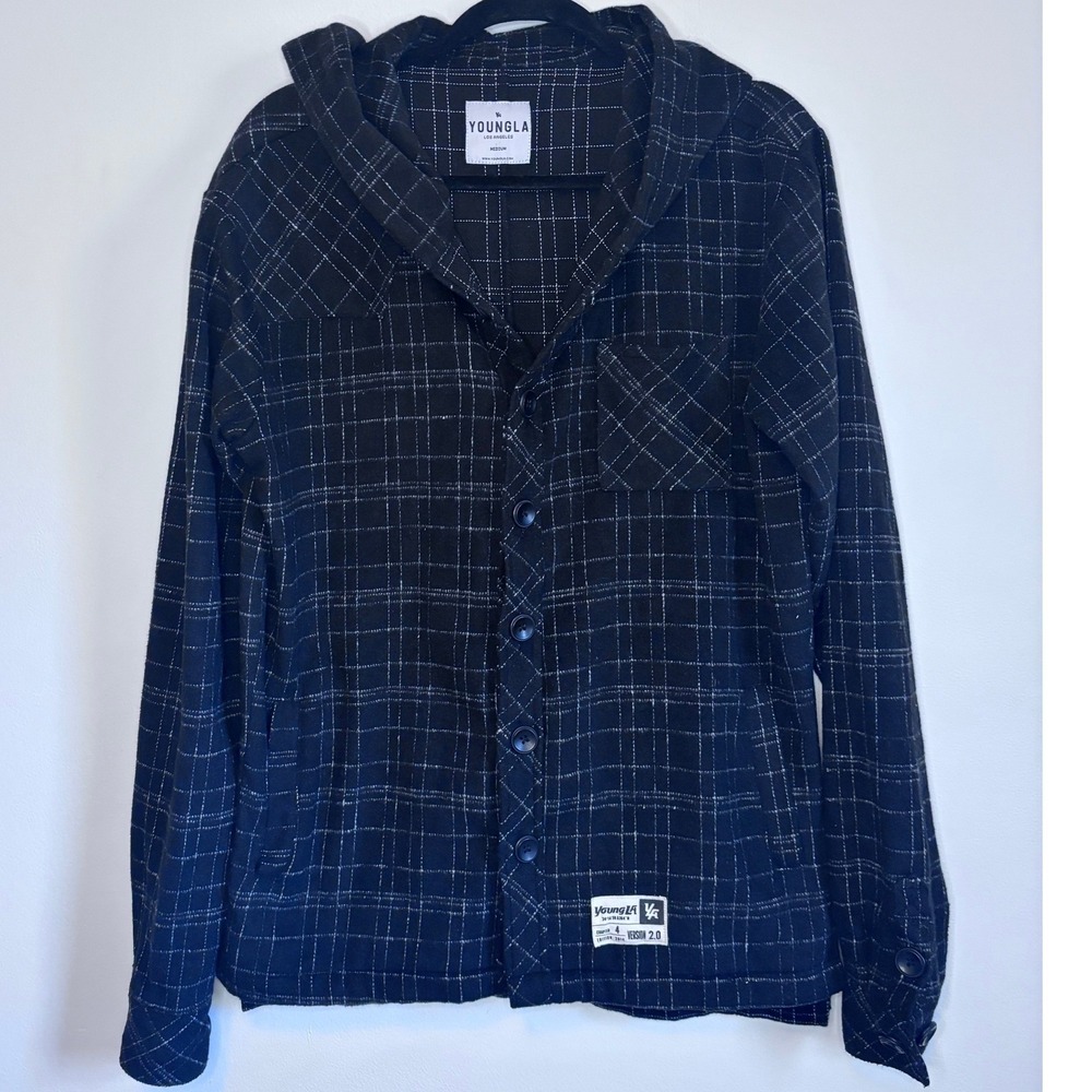 YoungLA 431 Version 2.0 Hooded Flannel Shirt Mens Medium Black White Grid Plaid